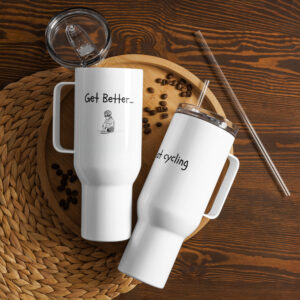 Funny Female Cyclist Travel Mug with Handle – The Perfect Gift for Road Bike Lovers
